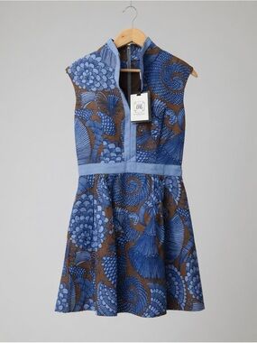 Elizabeth McKay Blue and Brown Floral Fit-and-Flare Dress